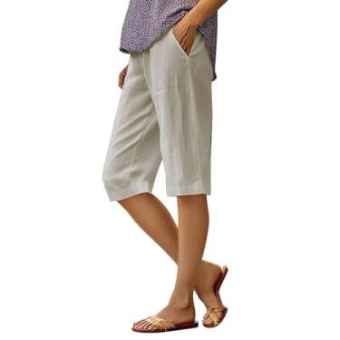 Imagem de Calça feminina casual solta de algodão com cintura elástica cropped perna larga plus size calça casual para mulheres 4x-5x, Caqui, XXG