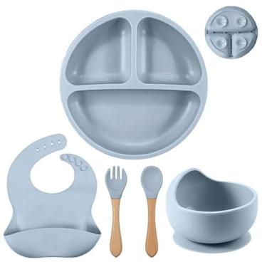 Imagem de Kit Infantil Silicone Introdução Alimentar Refeição Bebê 6 Pçs Ventosa Bpa Free Cores (Azul)