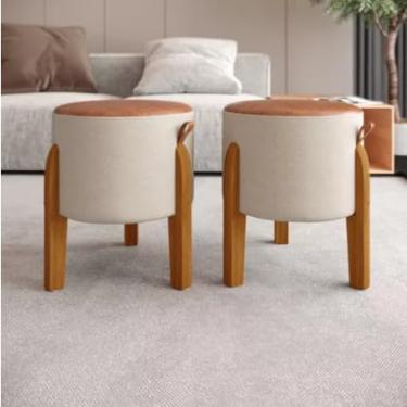 Imagem de Kit Puff Luma Banqueta Redondo Puf em Couro e Linho Penteadeira Cor BEGE/CARAMELO