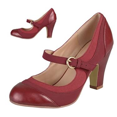 Imagem de SHODENSE Sapatos femininos de salto gatinho Mary Jane bico redondo fechado tira no tornozelo patchwork confortável 7,6 cm salto grosso Mary Jane salto boné dois tons fivela sapatos vestido feminino festa casamento vintage 4-11 M EUA, Patchwork vermelho, 8.5