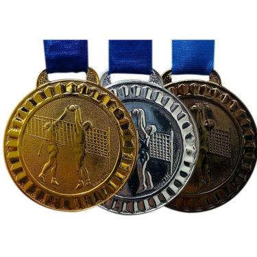 Imagem de Kit 18 Medalhas De Volei 6 Cada Cor 4,5cm + Fita Azul