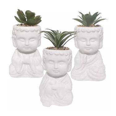 Imagem de Conjunto de 3 Vasos Decorativos em Formato de Buda com Planta Suculenta Artificial, Cinza ou Branco (Branco)
