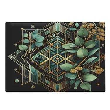 Imagem de Ambesonne Tábua de corte de folhas de eucalipto, ornamento de losango geométrico inspirado em Art Déco, visual botânico, corte decorativo de vidro temperado e tábua de servir, tamanho pequeno, verde