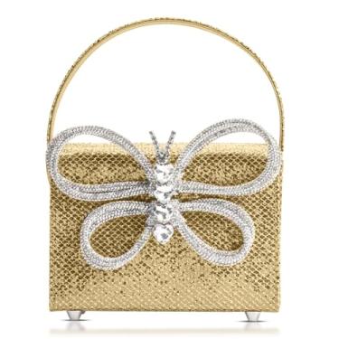 Imagem de Bolsas clutch para mulheres, bolsa noturna com strass borboleta, bolsa pequena de lantejoulas, bolsa para casamento, formatura, festas, viagens (dourada), Dourado
