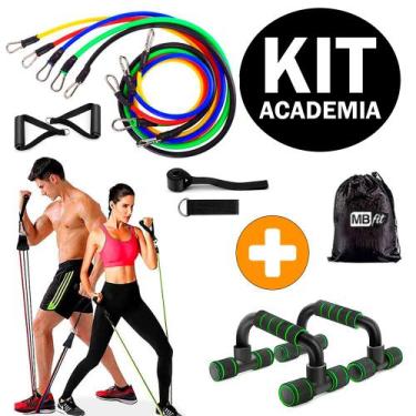 Imagem de Kit Academia em Casa Elásticos Extensores 11 Peças + Barra de Apoio pa