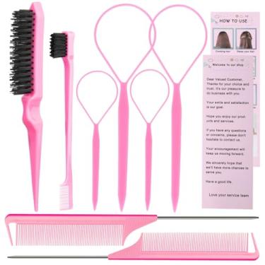 Imagem de Conjunto de ferramentas para pentear o cabelo, 8 peças, 4 ferramentas de rabo de cabelo, 2 pentes de cauda de rato, 1 escova de cerdas de cabelo liso para trás e 1 escova de controle de borda, mulher