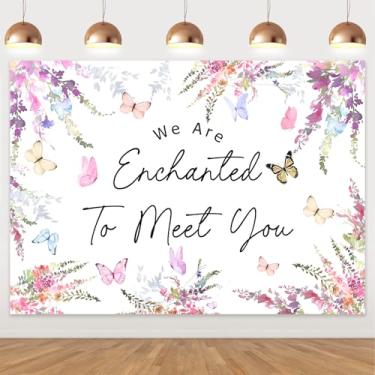 Imagem de We are Enchanted to Meet You Pano de fundo roxo floral para fotografia de pano de fundo de flores para chá de bebê para meninas chá de bebê revelação de gênero suprimentos de festa adereços de cabine
