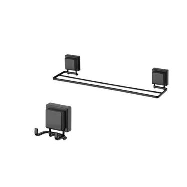Imagem de kit lavabo banheiro preto fosco ventosa 02 peças Future porta toalha b