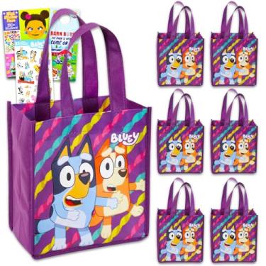 Imagem de Bluey Conjunto de sacolas de lembrancinhas de festa - Pacote com 6 sacolas Bluey reutilizáveis, adesivos e muito mais | Suprimentos de festa de aniversário de Bluey e Bingo para crianças, meninos e