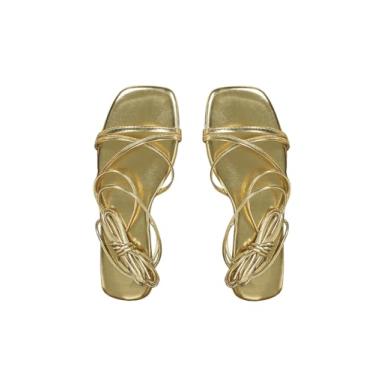 Imagem de OYOANGLE Sandálias femininas metálicas com tiras e tiras quadradas de verão, bico aberto, sapatos de amarrar, Dourado, 39