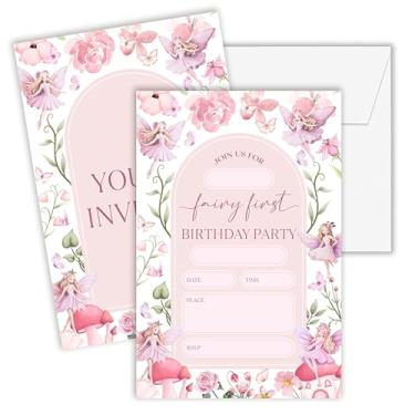 Imagem de Cazhes Convites de aniversário, 20 convites de 1º aniversário de fada dupla face com envelopes, decoração de festa de flores de jardim, lembrancinhas - A01