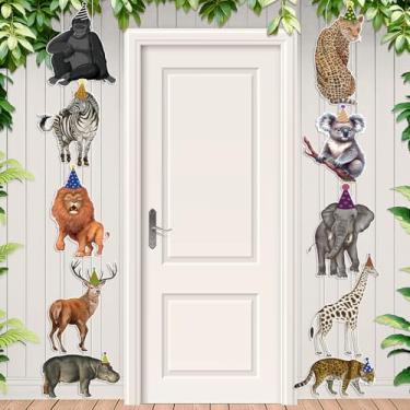 Imagem de Faixa de porta de festa de animais de safári, 10 peças, faixa de alpendre de aniversário de animais selvagens, placa de decoração de animais selvagens, para crianças, meninos, meninas, selva, safári,
