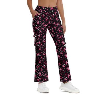 Imagem de Balicaton Calça feminina de ioga elástica com boca de sino elástica casual com bolsos, Fita para câncer de mama - 1, XXG