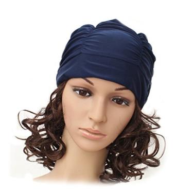 Imagem de Ewanda store Touca de natação colorida plissada de tecido de nylon grande touca de banho de primavera quente para adultos homens mulheres cabelo longo (azul marinho)