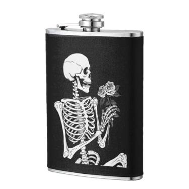 Imagem de Cantil de bolso de aço inoxidável com rosas esqueleto caveira rock and roll para homens mulheres bebendo casamento, frascos vintage para bar festa pesca bandeira 227 g
