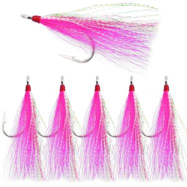 Imagem de Ganchos de pesca Bucktail Teasers anzóis de água salgada com linguado inferior de aço inoxidável Bucktail Mylar Flash Teasers para Snapper Catfish Bacalhau Linguado Hi-Lo Rigs rosa