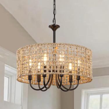 Imagem de LynPon Lustres Boho De Vime Preto Luminárias, Luminária Pendente De 6 Luzes, Estilo Fazenda, Tecido À Mão, Com Abajur De Vime, Luminária Pendente Costeira Vintage De 17,7" Para Sala De Jantar, Sala