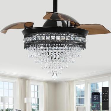 Imagem de YITGOG Ventiladores De Teto De Lustre De Cristal Moderno De 36", Ventilador De Teto De Cristal Led Regulável Com Controle Remoto E Aplicativo, Ventiladores De Teto Retráteis Invisíveis De 6 Velocida