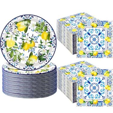 Imagem de Conjunto de 100 peças Capri Lemon Party Supplies Azulejos Azuis Amarelo Limão Conjunto de 17 cm Pratos de Papel Capri Limão Citrino e Guardanapos Capri Limões para Chá de Bebê Limão Aniversário