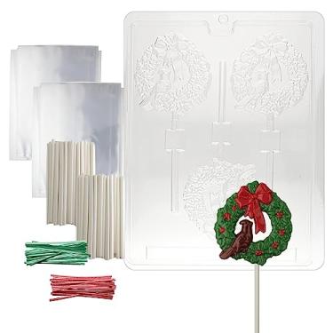 Imagem de Grinalda com molde de chocolate de Natal cardinal com kit de suprimento de pirulito (50 palitos de pirulito, 50 sacos de violoncelo, 25 laços vermelhos e 25 verdes, instruções de moldagem)