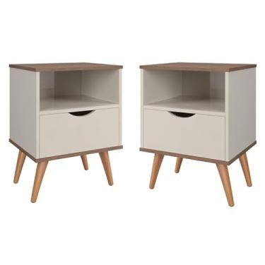 Imagem de Conjunto 2 Mesa De Cabeceira Estilo Retrô Pés Em Madeira Maciça(Kit Grécia - Off white/Canela)