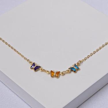 Imagem de Colar Infantil Folheado a Ouro Borboletas Coloridas - Ralifla Semijoia