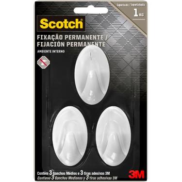 Imagem de Scotch, 3M, Gancho Adesivo, Fixação Permanente, Sem Furos, Branco, 3 unidades