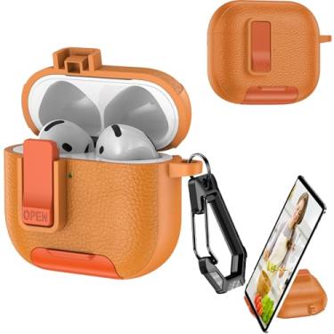 Imagem de YSNZAQ Capa de fone de ouvido para AirPods 4 com chaveiro, fone de ouvido multifuncional com trava automática magnética, porta de carregamento à prova de poeira, suporte de telefone para AirPods 4 PW