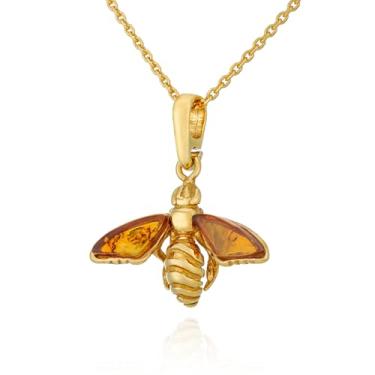 Imagem de AMBEDORA Colar feminino de abelha Mod.10 com âmbar, prata esterlina banhada a ouro, âmbar báltico na cor conhaque, pingente banhado a ouro na corrente, ouro, âmbar, Ouro, Âmbar