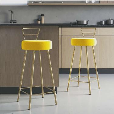 Imagem de Kit 02 Banqueta Alta Com Encosto Tina Eiffel Cozinha Bar Bistrô Ferro Dourado Corino Amarelo - Ahazzo Móveis