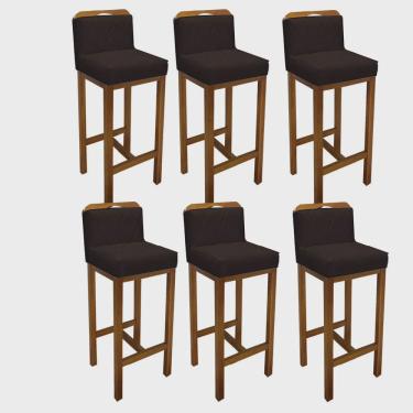 Imagem de Kit 06 Banqueta Alta Com Encosto Simon Cozinha Balcão Bistrô Base Madeira Rústico Corino Marrom - Ahz Móveis