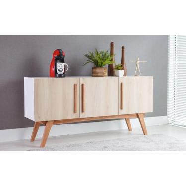 Imagem de Balcão Buffet Para Sala De Jantar Mdf Branco Pés Jatobá 3 Portas Faias