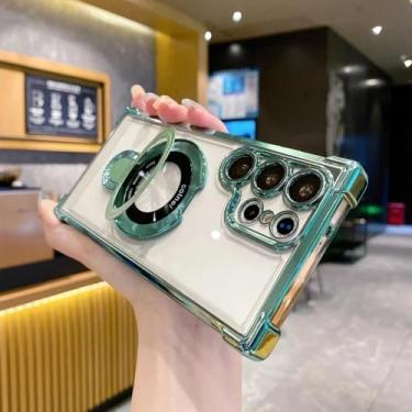 Imagem de HPQWN Capa magnética de carregamento sem fio para Galaxy S22 FE, capa de lente de vidro rígido à prova de choque (para Galaxy S22 FE/verde)