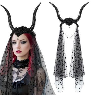 Imagem de ZHUIGUANGZE Halloween Demon Horns Headband with Black Veil Devil Gothic Sheep Horn Headband Punk Goat Horns Hair Accessories for Women Headdress Cosplay Masquerade Parade Party Supplies