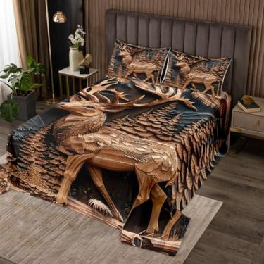 Imagem de Colcha King de veado selvagem, conjunto de colcha rústica 3D de pinheiros, animais selvagens, com 2 fronhas, decoração de cabana de madeira retrô para crianças, adultos, respirável