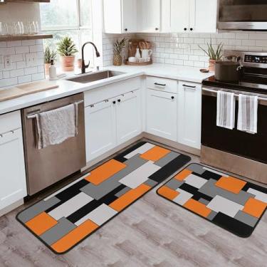 Imagem de Conjunto de 2 tapetes de cozinha geométricos laranja cinza preto para piso antiderrapante tapete de cozinha lavável para decoração de cozinha laranja e acessórios 43 x 120 cm + 43 cm x 76 cm