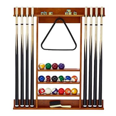 Imagem de CUTPOIY Suporte de parede para exibição de taco de bilhar, acessórios de mesa de sinuca de madeira cerejeira para salão de bilhar/garagem/sala de jogos, comporta 8 varetas (segura 8 taças)