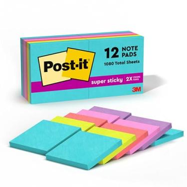 Imagem de Post-it Notas super adesivas, 7,6 x 7,6 cm, 12 blocos, 2X The Sticking Power, Supernova Neons, cores brilhantes, reciclável (654-12SSMIA)