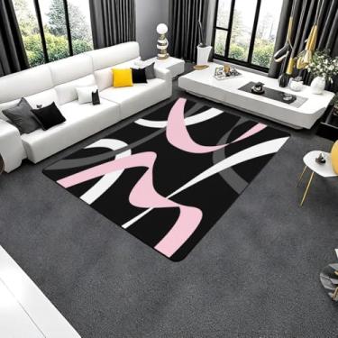 Imagem de Erosebridal Tapete abstrato preto rosa cinza escuro branco listrado tapete interno 1,52 m x 1,28 m para crianças, meninas, adolescentes, mulheres, geométrico, redemoinho, listras, tapete de área