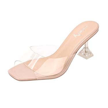 Imagem de Sandália feminina Vivianly de salto alto sem cadarço com bico transparente e salto plataforma Mules, Nude With 2.7inches Heels, 10