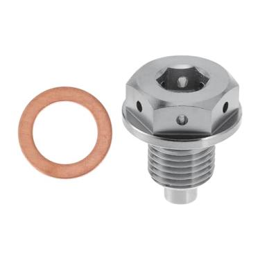 Imagem de REPAIROCK M12 x 1,25 4 mm Bujão magnético de drenagem de óleo de liga de titânio parafuso de porca de drenagem com 1 arruela de cobre tom prateado 1 peça