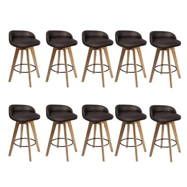 Imagem de Kit 10 Banqueta Alta Com Encosto Berlim Base Giratória Madeira Corino Marrom