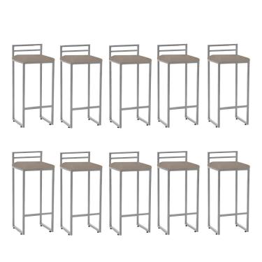 Imagem de Kit 10 Banqueta Alta Com Encosto Petra Balcão Ferro Prata Corino Bege