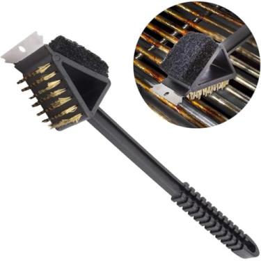 Imagem de Escova para Grelha 3 em 1, Limpador de Churrasqueira com Cerdas de Aço, Bucha e Espátula, Preto. É a Solução Completa para Deixar sua Grelha Impecável em Minutos, sem Esforço e Sem Sujeira.