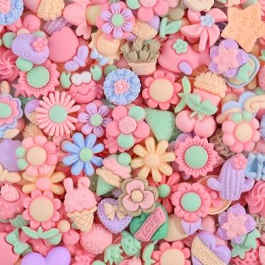 Imagem de 100 peças de pingentes de geleca de cores de macaroon diversos enfeites fofos, acessórios kawaii de coração de flor, ornamento de resina plana para capas de telefone, scrapbooking e decoração DIY