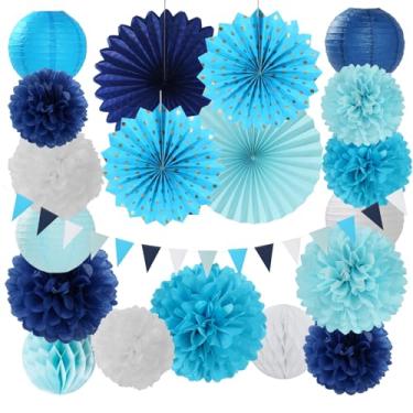 Imagem de burgleda Decoração Para Festa Azul-Marinho-Azul-Marinho-Branco - 20 Peças, Lanternas De Papel Chá Bebê, Leques, Pompons Papel, Bolas Favo Mel, Aniversário, Despedida Solteira, Casamento, Submarina,