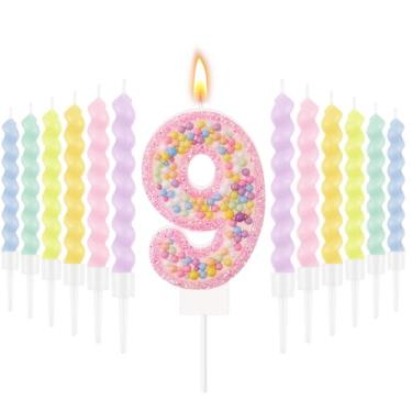 Imagem de MTLEE Vela de aniversário número 9 com 12 peças de velas espirais para meninas macaron pastel arco-íris unicórnio rosa topo de bolo para decoração de festa temática doce