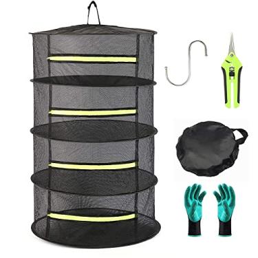 Imagem de Bysameyee Suporte Para Secagem De Ervas 2 Pés E 4 Camadas Com Zíper, Cesta Malha Dobrável Plantas, Luvas Jardim, Tesoura Poda Gancho Sementes, Brotos Plantas Hidropônicas