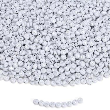 Imagem de XIANNVXI Miçangas de letras prateadas 3500 peças de contas de acrílico pequenas letras letras letras redondas para fabricação de pulseiras (contas brancas de 7 x 4 mm e contas de letras prateadas)