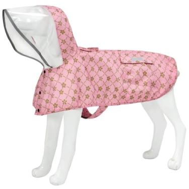 Imagem de Capa de chuva impermeável para cães, roupas de chuva leves refletoras ajustáveis com capuz poncho (ouro flores alegres rosa, 2GG)